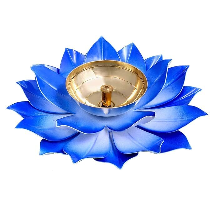 Lotus Diyas for Home Decoration – 5 Inch Medium Puja Akhand Diya in Blue Flower Design with Gift Box for Diwali Celebrations