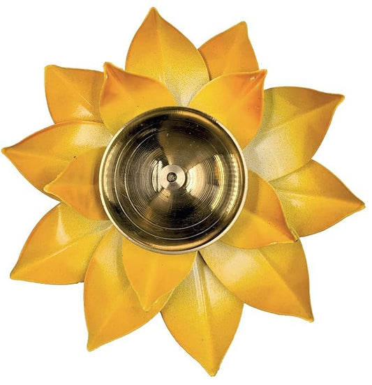 Lotus Diyas for Home Decoration – 5 Inch Medium Puja Akhand Diya in Yellow Flower Design with Gift Box for Diwali Celebrations