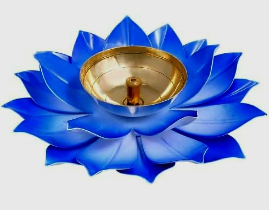 Lotus Diyas for Home Decoration – 5 Inch Medium Puja Akhand Diya in Blue Flower Design with Gift Box for Diwali Celebrations