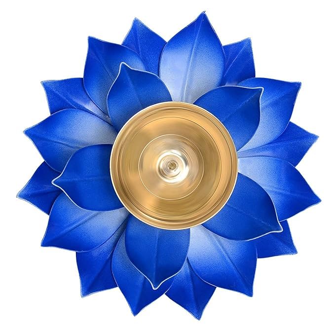 Lotus Diyas for Home Decoration – 5 Inch Medium Puja Akhand Diya in Blue Flower Design with Gift Box for Diwali Celebrations