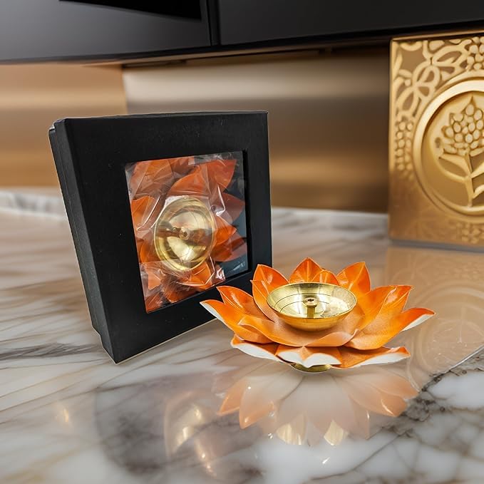 Lotus Diyas for Home Decoration – 5 Inch Medium Puja Akhand Diya in Orange Flower Design with Gift Box for Diwali Celebrations