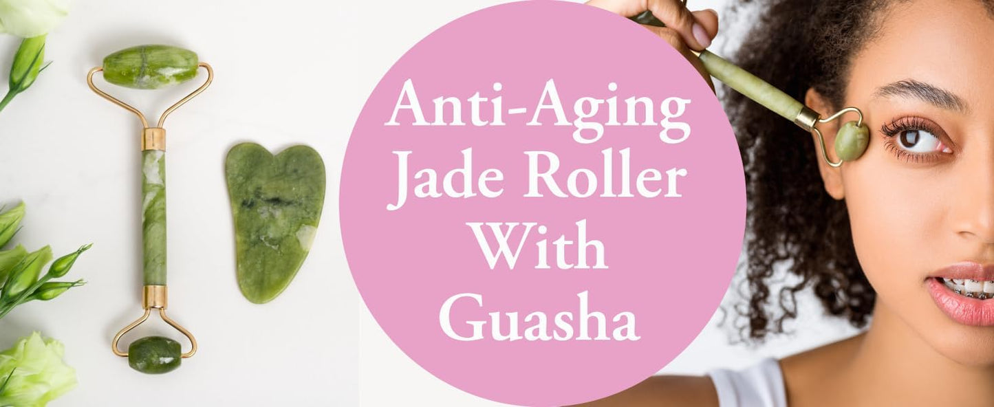 Jade Roller & Gua Sha Set - Natural Himalayan Stone Facial Massager for Skin Healing, Wrinkle Reduction & Serum Application (Jade Roller with Gua Sha)